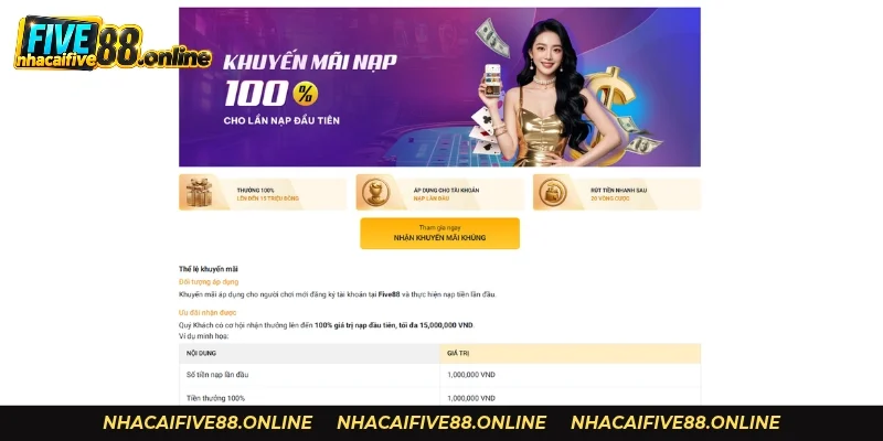 Khuyến Mãi Five88: Xác Minh SĐT 600K Và Nạp Đầu 100% Khuyến mãi Five88 nạp đầu thưởng 100%, tối đa 15.000.000 VND